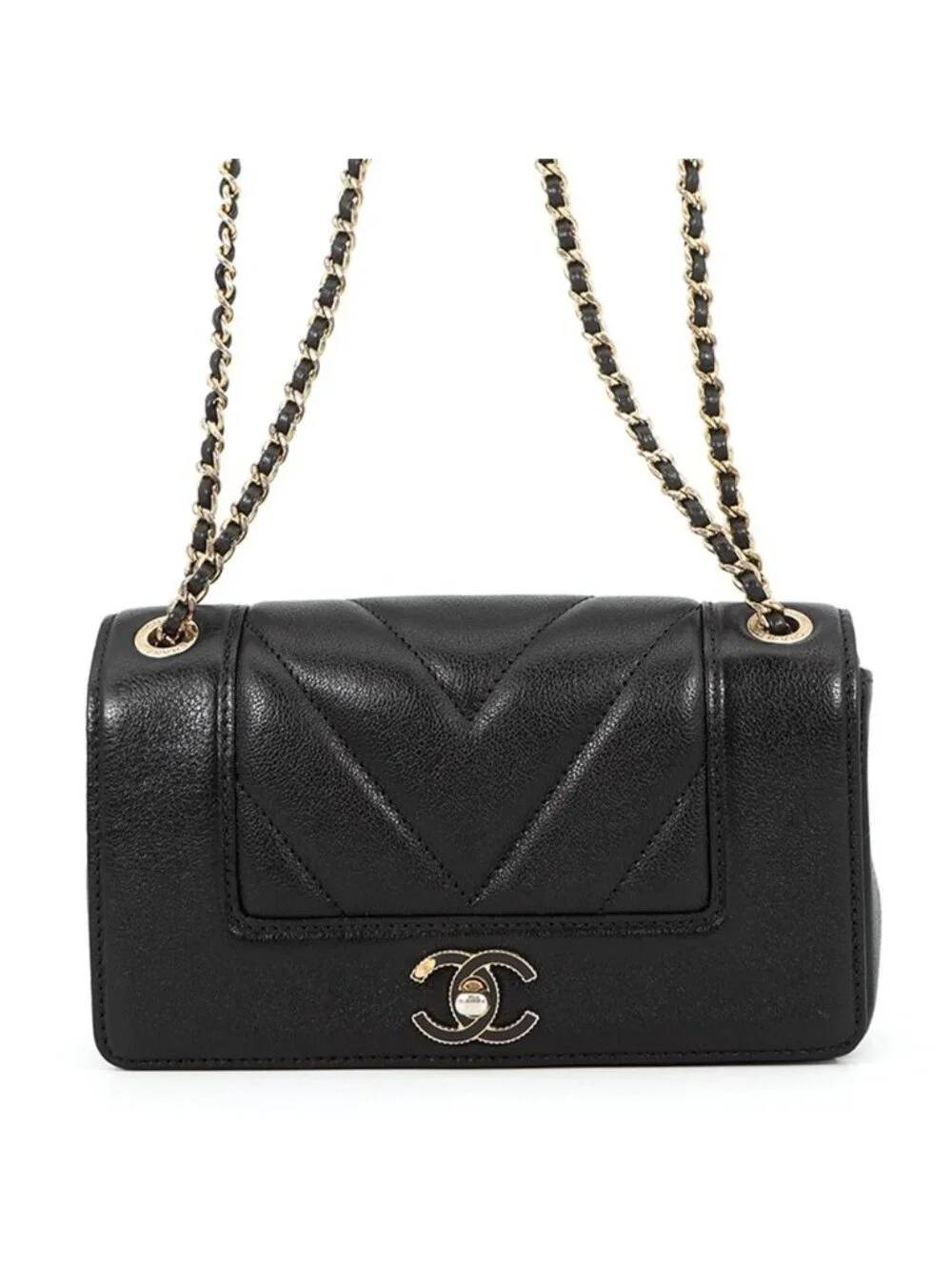 Chanel Chain Shoulder Bag Mademoiselle Stitch Double Flap Leather 2-Way Black